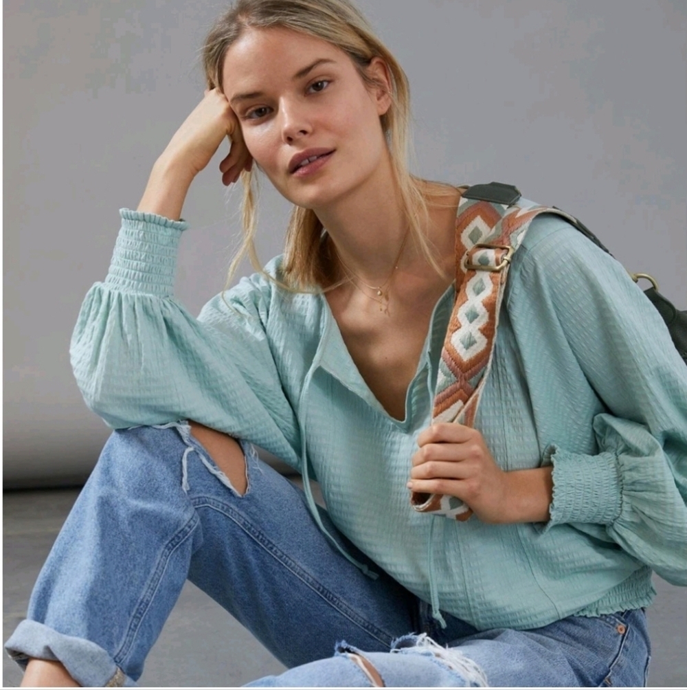 Anthropologie Rebecca Smocked Peasant Top Mint Green